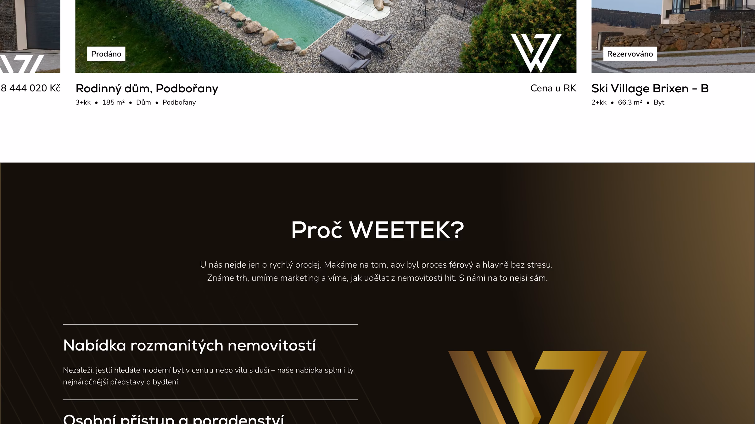 Nabídka prémiových nemovitostí — temný, klidný rukopis značky